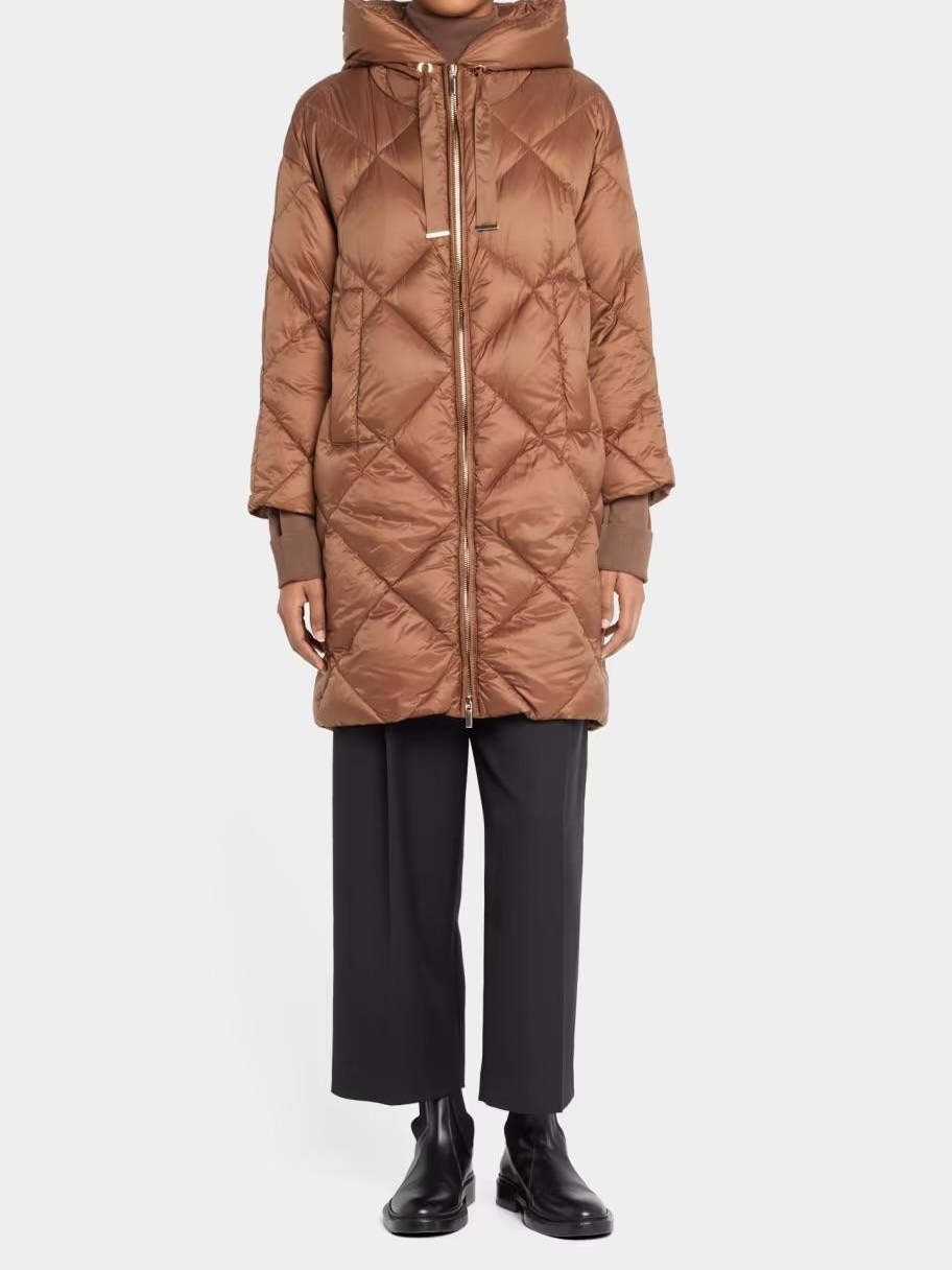 Max Mara The Cube "Trefe" Diamond-Quilted Down Hooded Coat Camel/Brown/Nwb